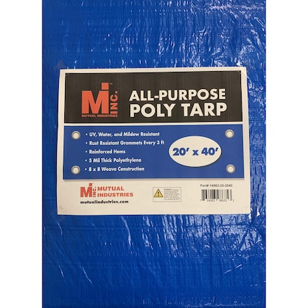 Mutual Industries Tarp, 20 ft x 40 ft, 5 Mil, Blue, UV Resistant, Mildew Resistant 14963-25-2040